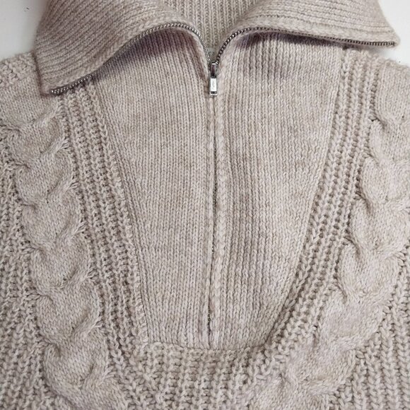 Talbots Cable Knit Large Zip Collar Sweater Tan Camel - Picture 2 of 5